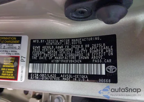 2015 Toyota Camry Xle из США, поврежденный, VIN 4T1BF1FK0FU942424